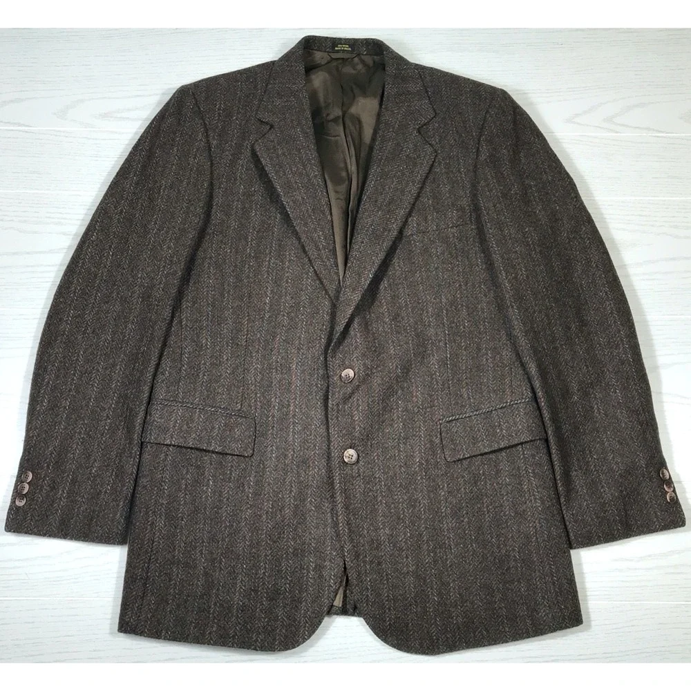 Vintage 80s Haggar Wool Blazer Sport Coat Men 42L Brown Herringbone Academia Dad